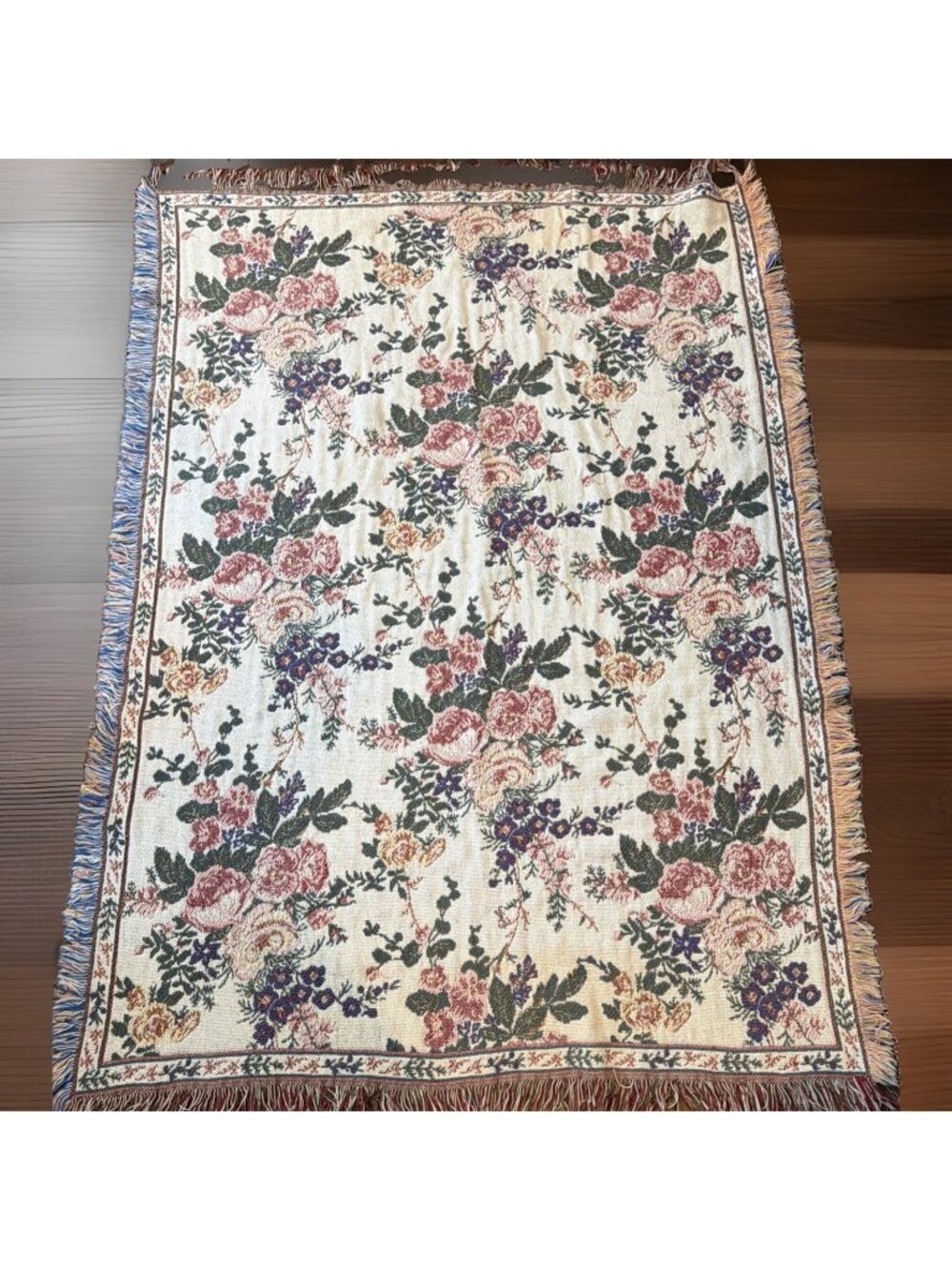 Vintage Pink & Green Floral Tapestry Throw Blanket Cotton Double Sided 45” X 60”